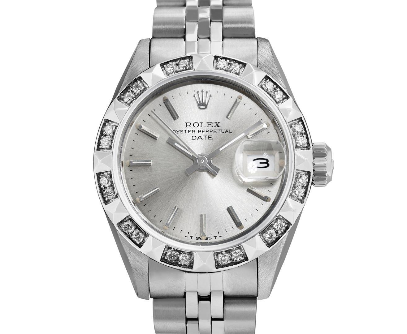 Rolex Ladies Stainless Steel Silver Index 18K White Gold Diamond Bezel Date Watc