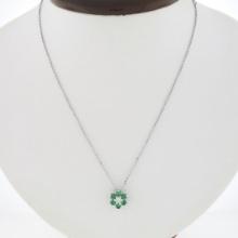 NEW 14k White Gold 0.83 ctw Diamond & Emerald Halo Flower Cluster Pendant Neckla