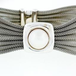 Estate 18k White Gold 6.5" Wide Scrunched Mesh Link Bracelet w/ 10mm Mabe Pearl