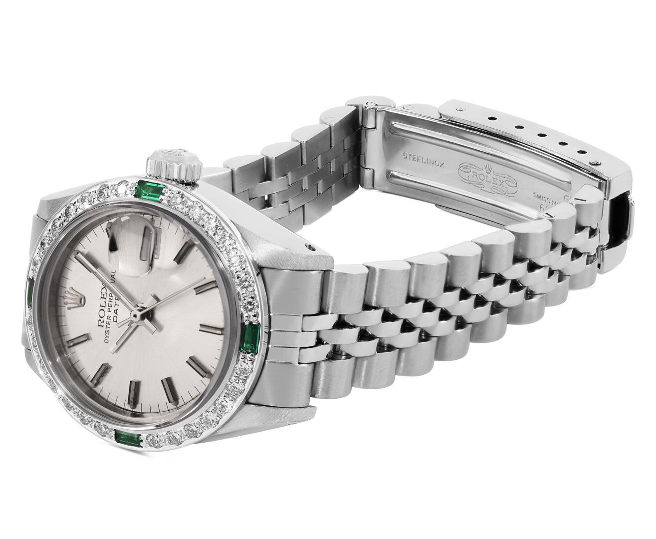 Rolex Ladies Stainless Steel Silver Index Dial Diamond And Emerald Date Watch