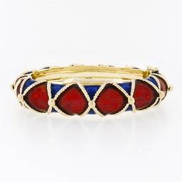 Large Heavy Vintage 14K Gold Blue Red Enamel Twisted Wire Hinged Bangle Bracelet