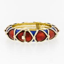 Large Heavy Vintage 14K Gold Blue Red Enamel Twisted Wire Hinged Bangle Bracelet