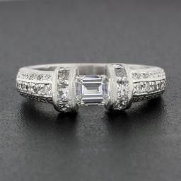 Vintage Platinum 1.35 ctw Floating Diamond w/ Accents Hand Engraved Work Band Ri