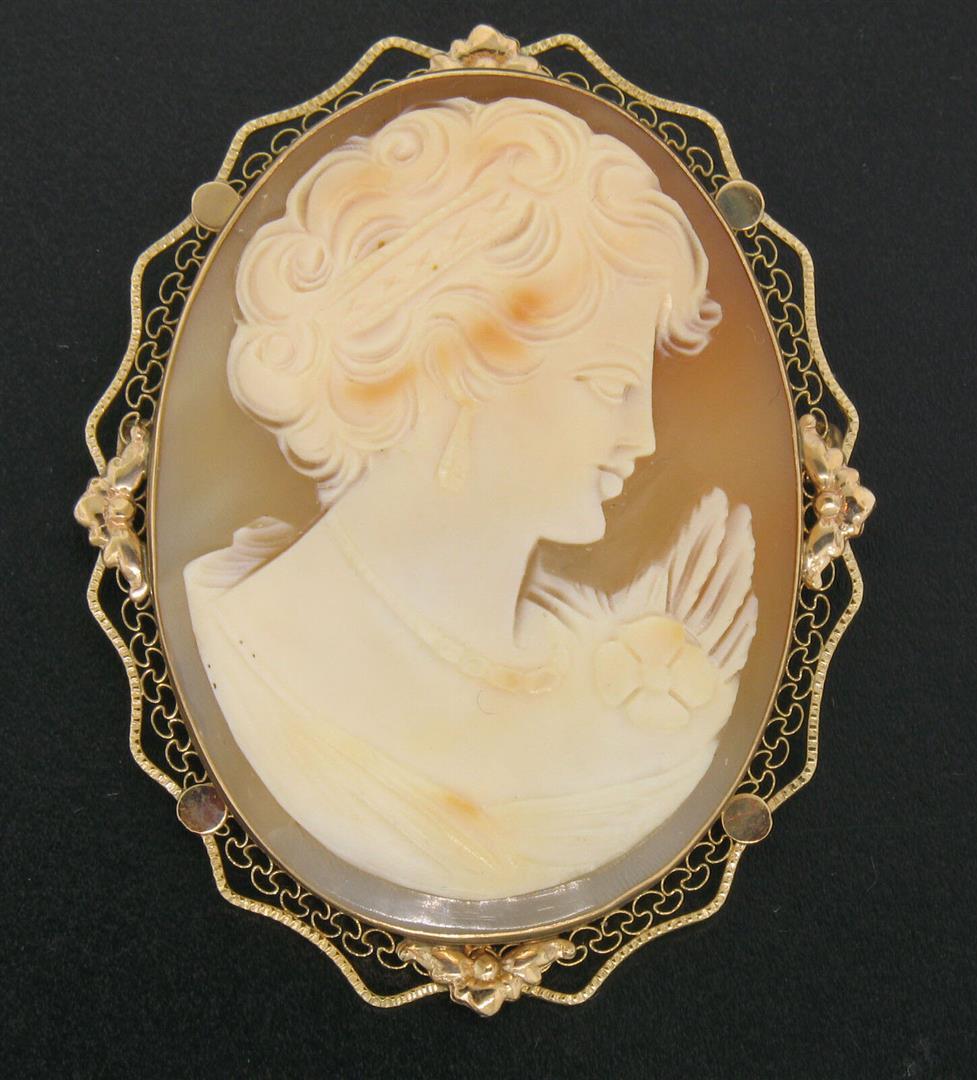 Vintage 14K Rose Gold Large Carved Shell Cameo Wavy Filigree Open Work Frame