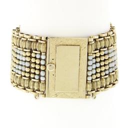 Vintage 14K Yellow Gold Round & Grooved Bead Pearl 6.75" Wide Strap Bracelet