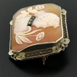 Antique Art Deco 14K White Gold Shell Cameo w/ Filigree Frame Brooch Pendant