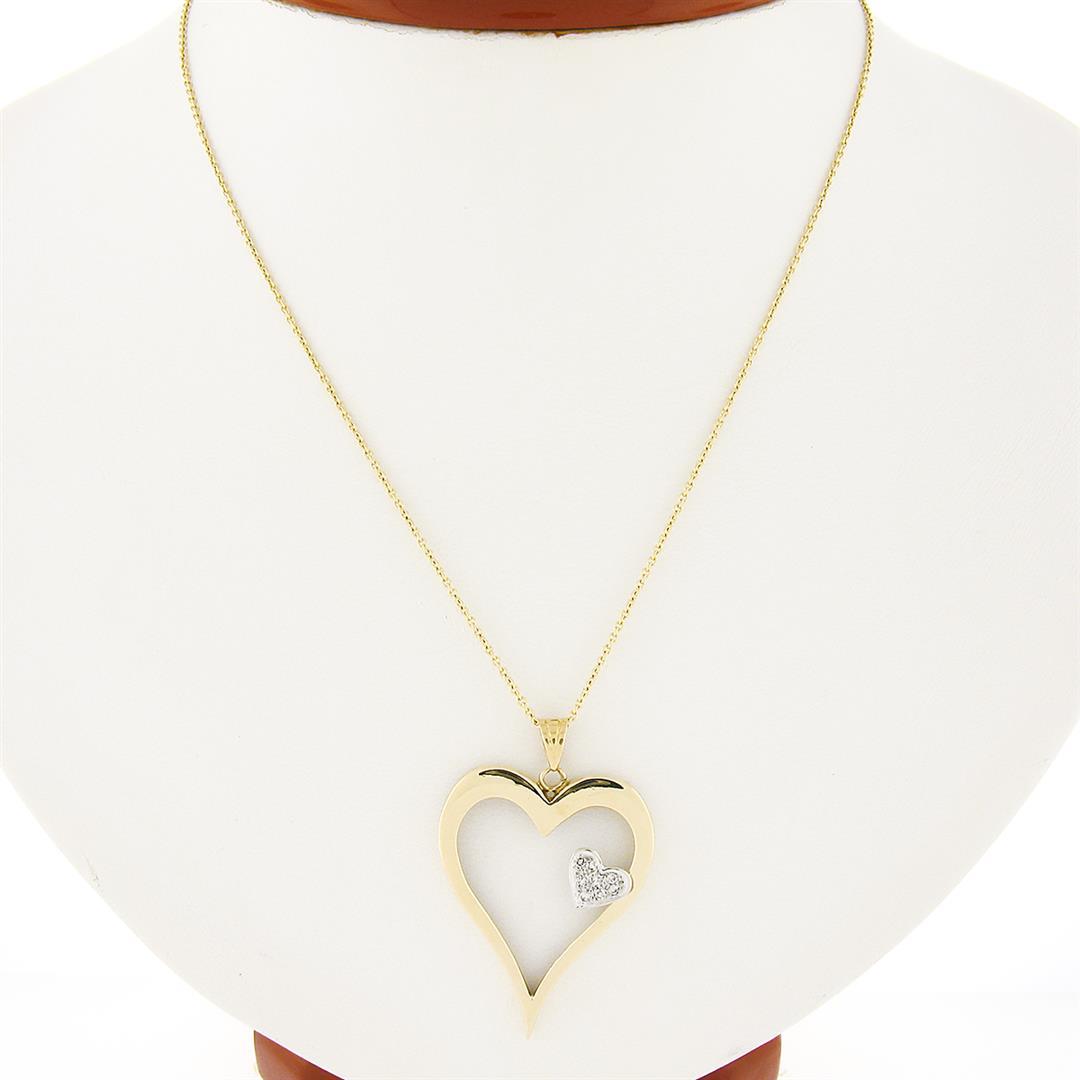 14k TT Gold Large Polished Open Heart w/ Diamond Heart Accent Pendant & Chain