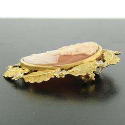 Vintage 18k Two Tone Gold Carved Shell Cameo Open Work Frame Brooch Pin Pendant