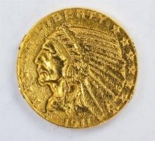 1911-S $5 Indian Head Half Eagle Gold Coin C+