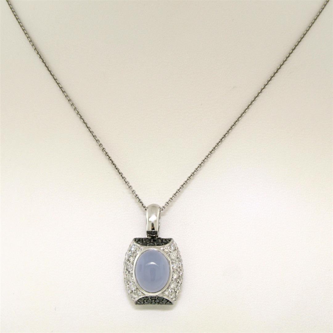 14K White Gold 4.31 ctw Oval Chalcedony White & Black Diamond 16" Pendant Neckla