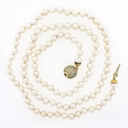 Vintage Long 31" Pearl Strand Necklace w/ 14K Gold 1.5 ctw Pave Diamond Ball Cla