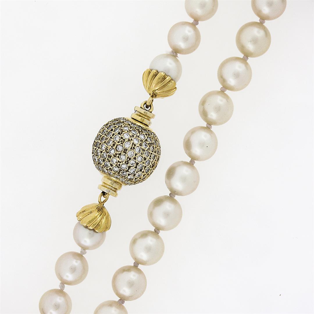 Vintage Long 31" Pearl Strand Necklace w/ 14K Gold 1.5 ctw Pave Diamond Ball Cla