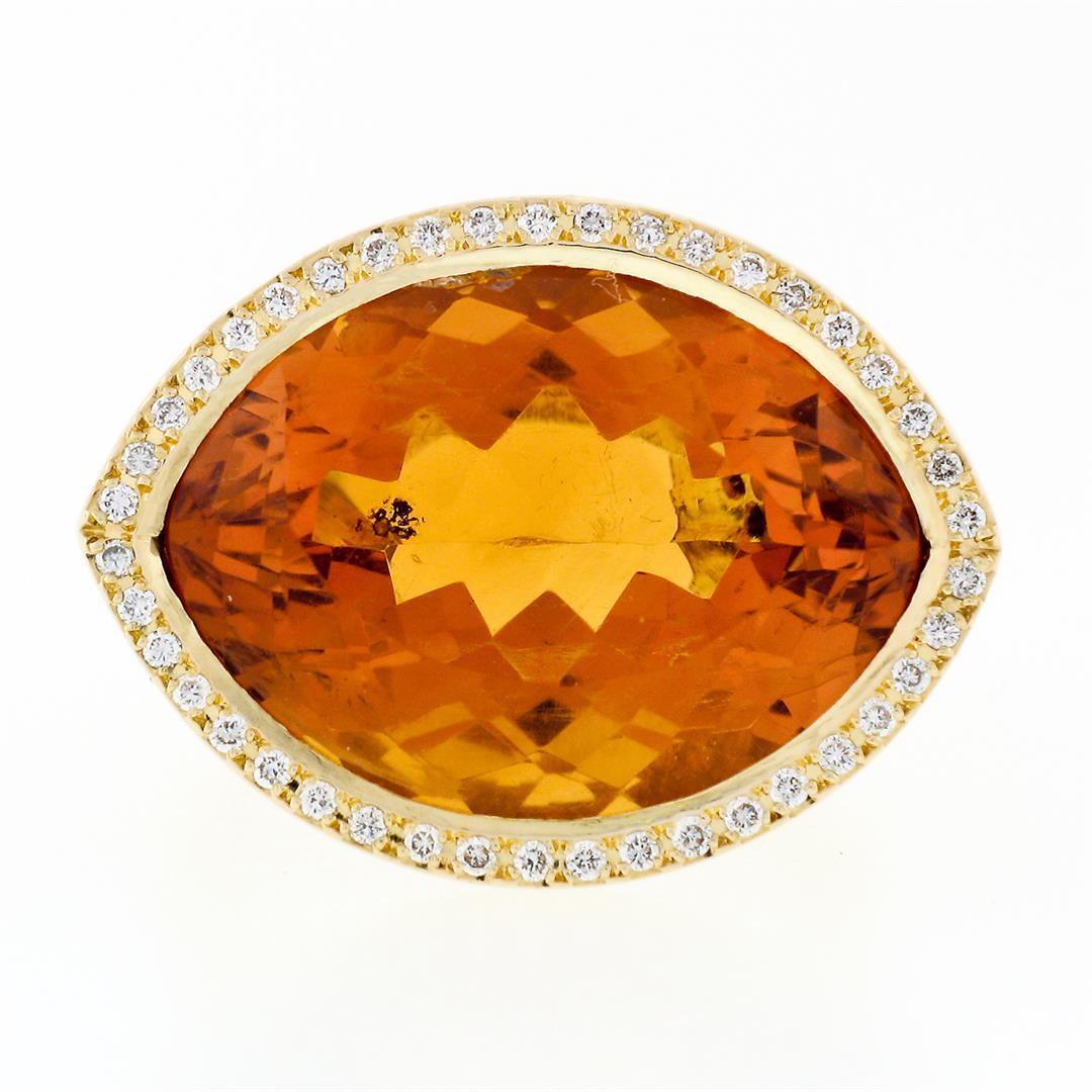 Estate 18K Gold Large Wide Citrine Diamond Halo Almond Eye Shaped Cocktail Ring