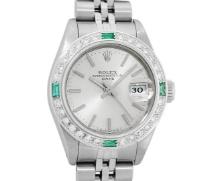 Rolex Ladies Quickset Stainless Steel 18K White Gold Diamond & Emerald Bezel Sil