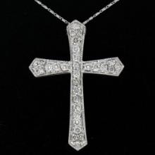 Large 14k White Gold 1.18 ctw Round Diamond Cross Pendant w/ 18" Fancy Link Chai