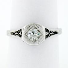 Antique Art Deco 14k Gold 0.36 ctw European Diamond Solitaire Open Filigree Ring