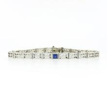 Antique Art Deco 14k White Gold Bezel Set Sapphire Etched Line Filigree Bracelet