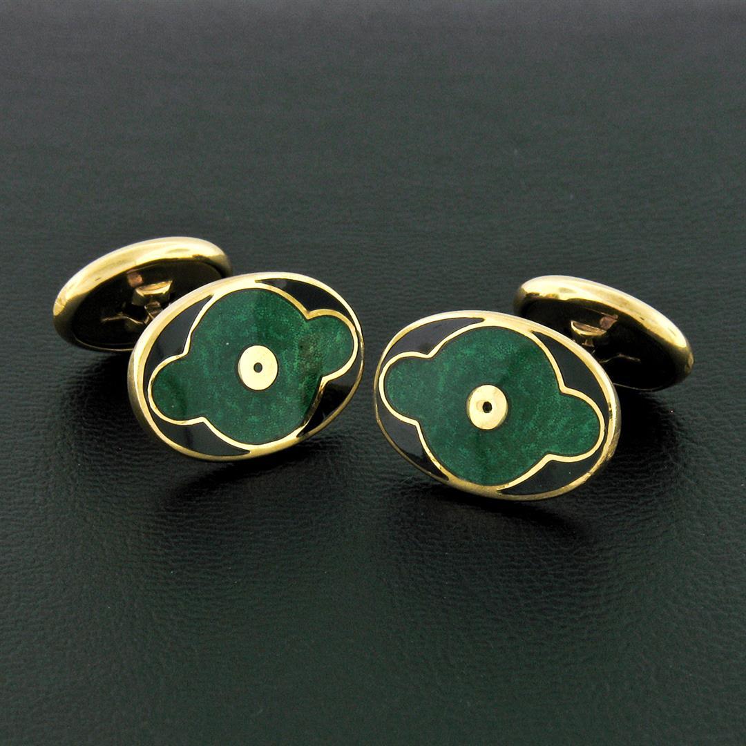 Vintage Mens 18k Yellow Gold Oval Shaped Green Black Guilloche Enamel Cuff Links