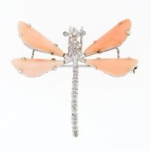 Vintage 18K White Gold Custom Cut Coral & 0.25 ctw Diamond Dragonfly Pin Brooch