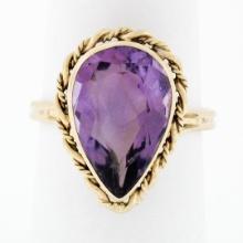 Handmade Vintage 14K Yellow Gold 5.50 ctw Pear Amethyst Ring w/ Twisted Wire Fra