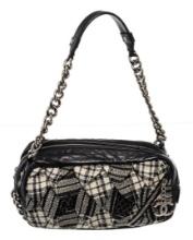 Chanel Black Canvas Leather Twisted Tweed Shoulder Bag