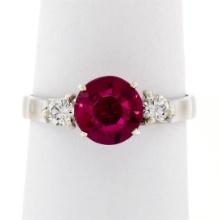 Vintage 18K White Gold Old Cut Red Stone Solitaire & 0.22 ctw Diamond 3 Stone Ri