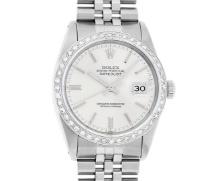 Rolex Mens Stainless Steel 36MM Silver Index White Gold Bezel Datejust Wristwatc