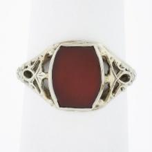 Antique 14k White Gold Bezel Custom Carnelian Solitaire Filigree Open Work Ring