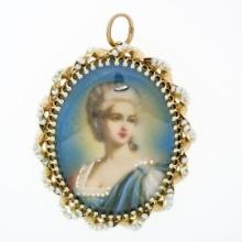 Vintage 14k Gold Speidel Bros. Oval Painted Portrait Pearl Framed Brooch Pendant