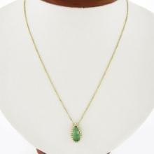 18K Gold 2.15 ctw Elongated Pear Emerald w/ Diamond Halo Teardrop Pendant Neckla