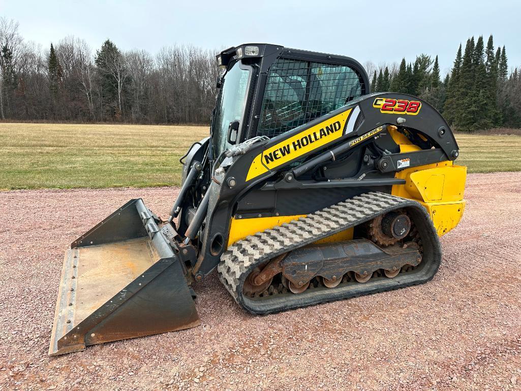 2018 New Holland C238 track skid steer, cab w/AC, 2-spd, aux hyds, pilot controls, 18" tracks,