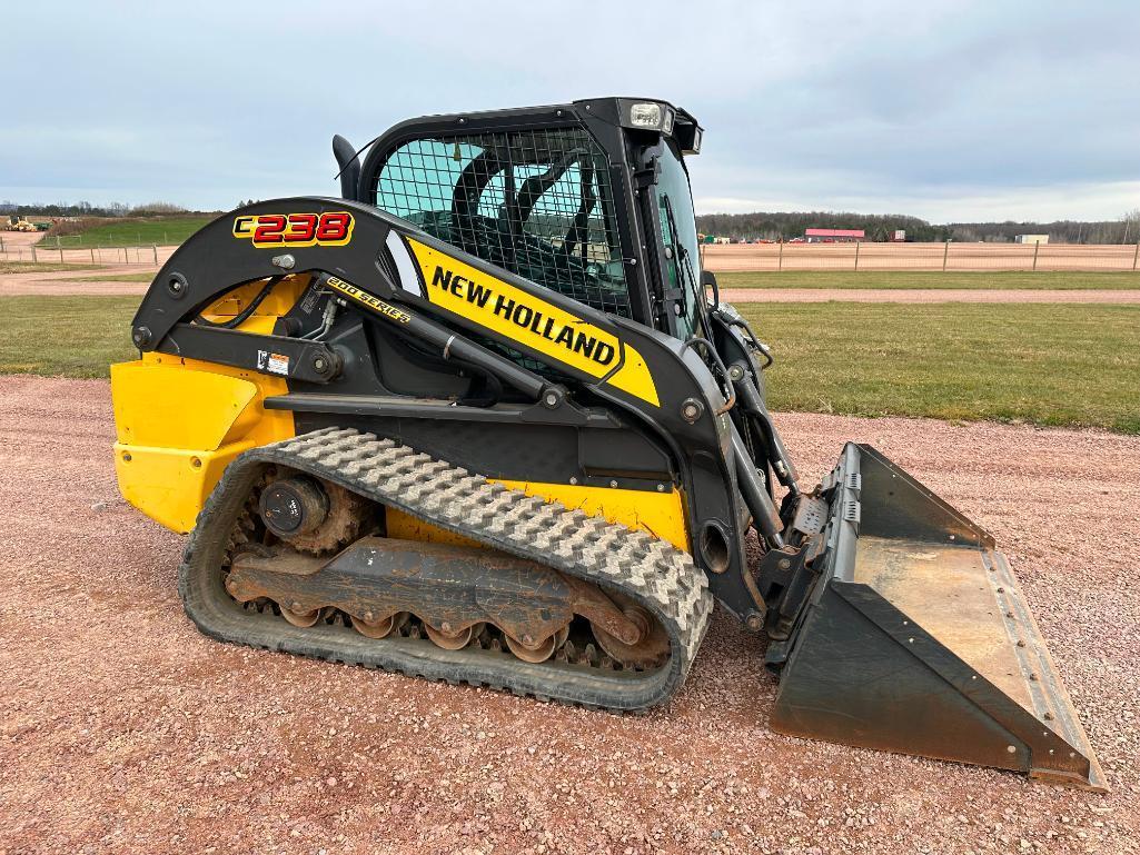 2018 New Holland C238 track skid steer, cab w/AC, 2-spd, aux hyds, pilot controls, 18" tracks,