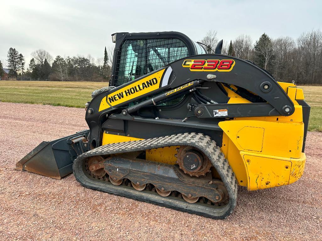 2018 New Holland C238 track skid steer, cab w/AC, 2-spd, aux hyds, pilot controls, 18" tracks,