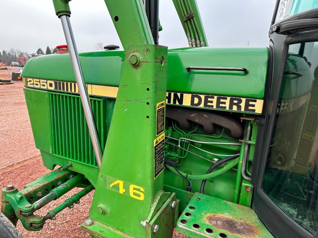 1983 John Deere 2550 tractor, CHA, John Deere 146 loader, 8-spd trans, 18.4x30 rear tires, 2-hyds,