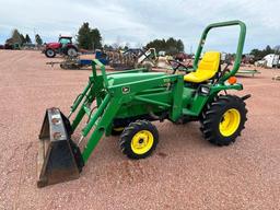 1993 John Deere 755 compact tractor, open station, 4x4, John Deere 70 loader, hydro trans, bar