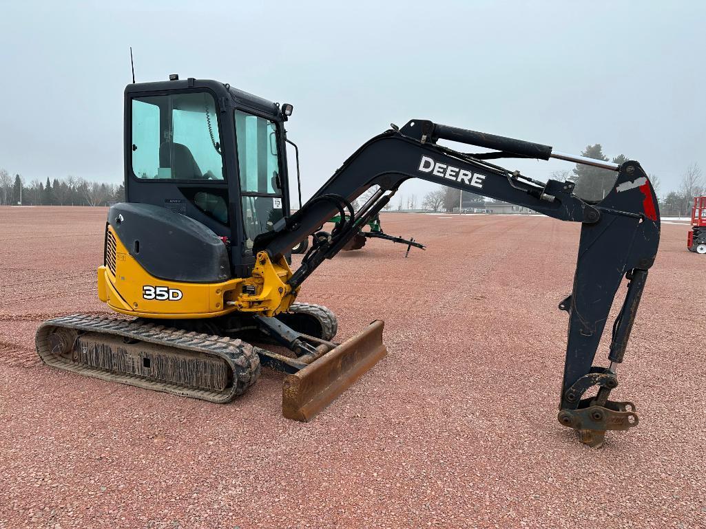 2013 John Deere 35D excavator, cab w/AC, 12" rubber tracks, front blade, quick coupler, 3rd valve,