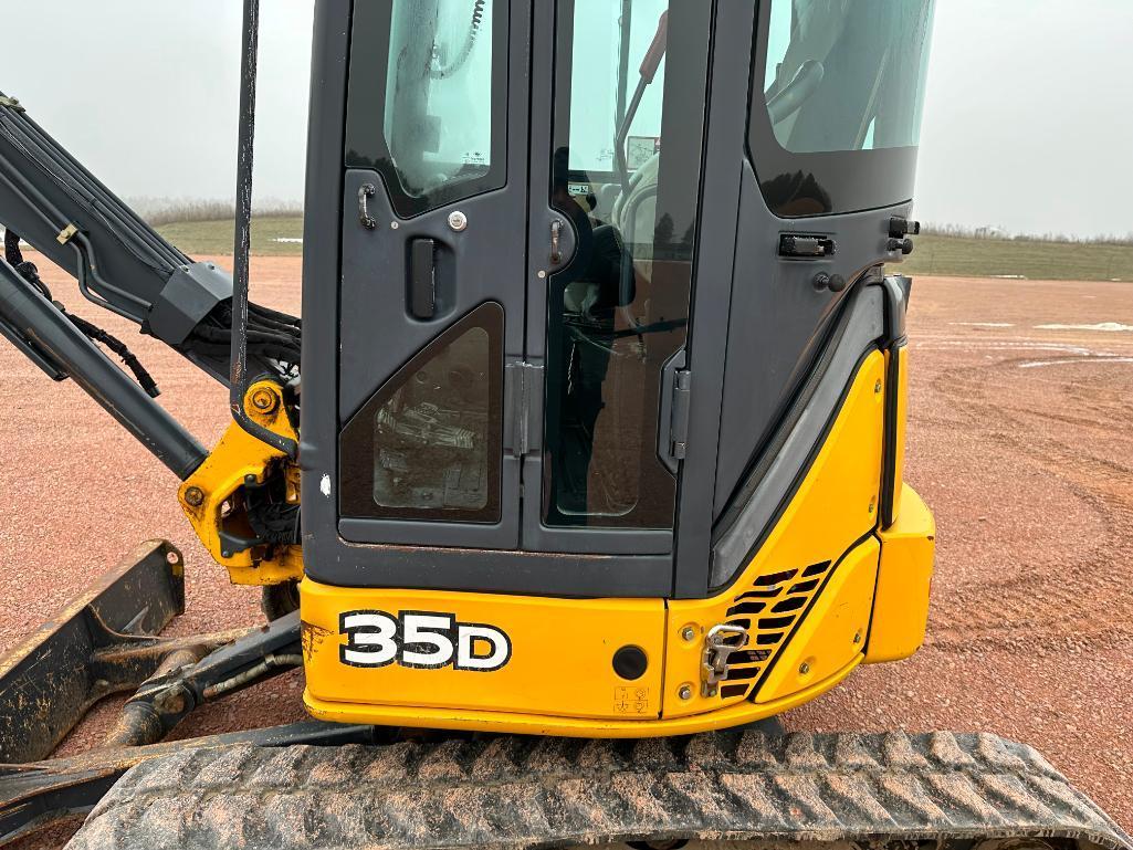 2013 John Deere 35D excavator, cab w/AC, 12" rubber tracks, front blade, quick coupler, 3rd valve,