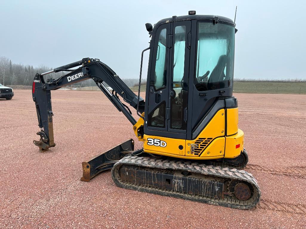 2013 John Deere 35D excavator, cab w/AC, 12" rubber tracks, front blade, quick coupler, 3rd valve,