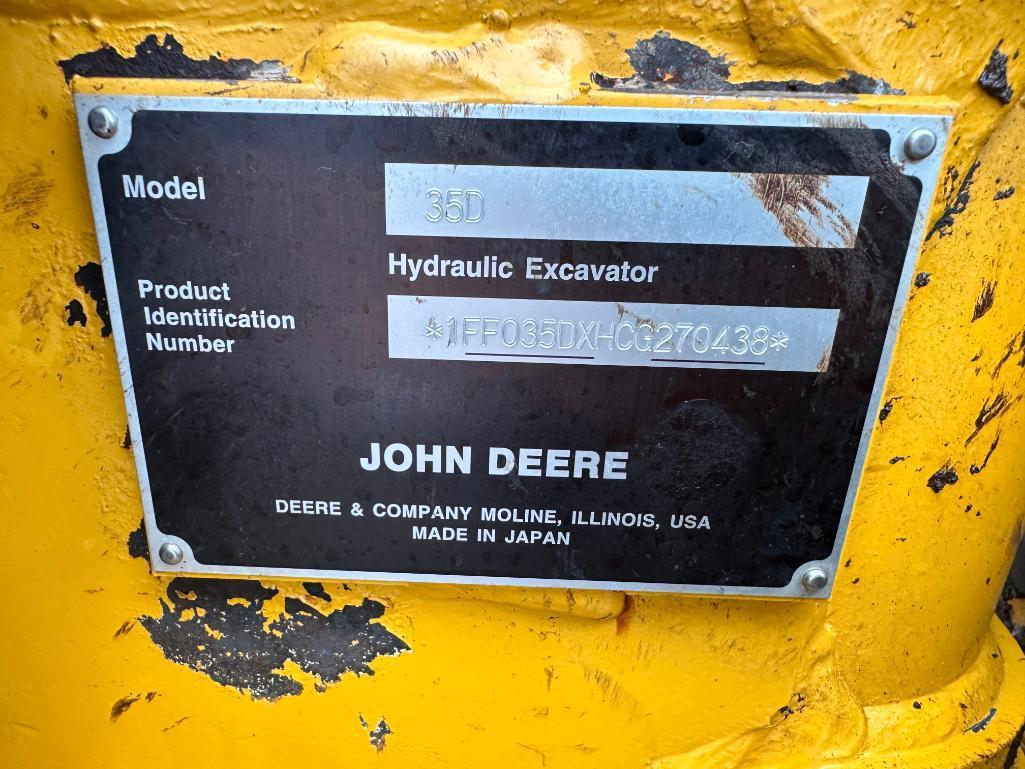 2013 John Deere 35D excavator, cab w/AC, 12" rubber tracks, front blade, quick coupler, 3rd valve,