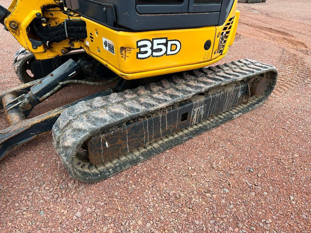 2013 John Deere 35D excavator, cab w/AC, 12" rubber tracks, front blade, quick coupler, 3rd valve,