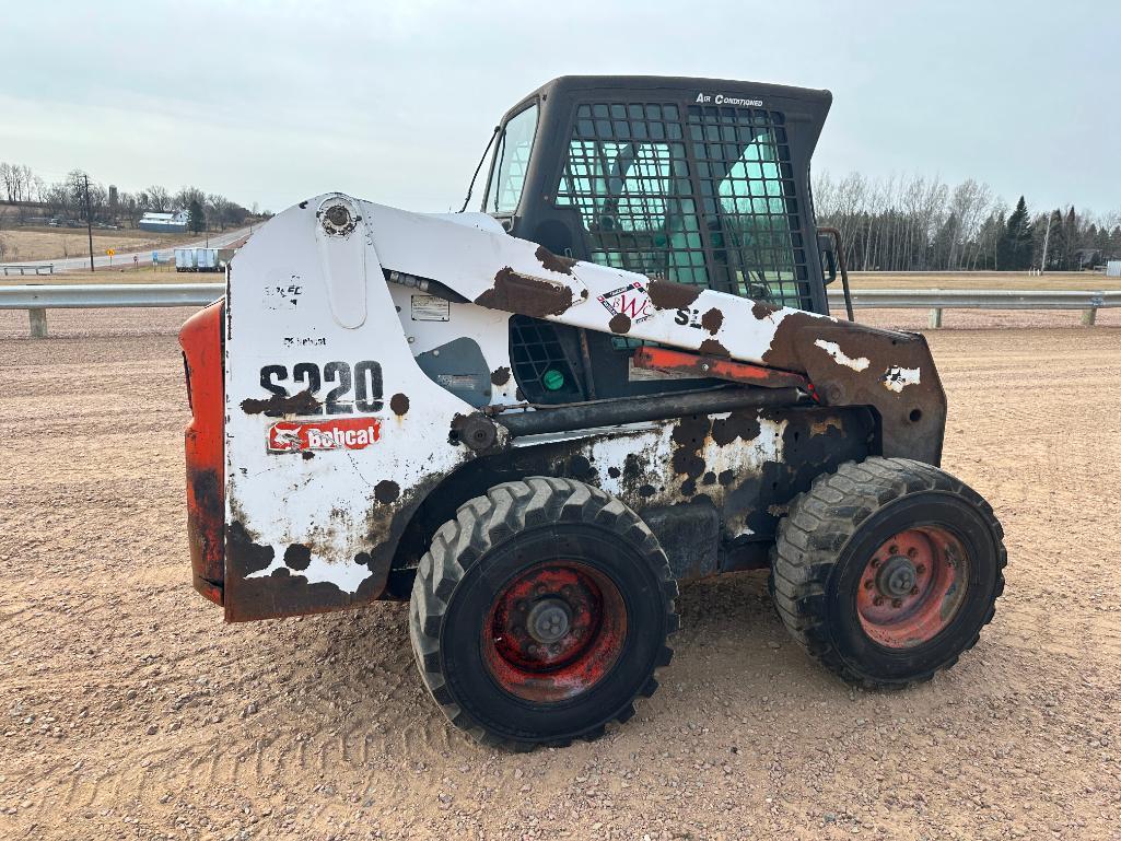 Bobcat S220 skid steer, cab w/AC, aux hyds, hand & foot controls, 12x16.5 tires, drive motors