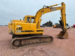 1997 John Deere 120 excavator, cab w/heat, 27 1/2" track pads, 36" bucket, manual thumb, runs &