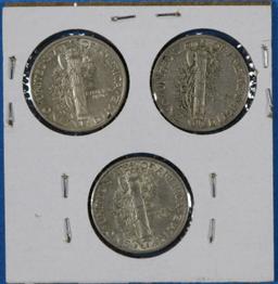 Lot of 3 Silver Mercury Dimes 1940 1942 1944-D