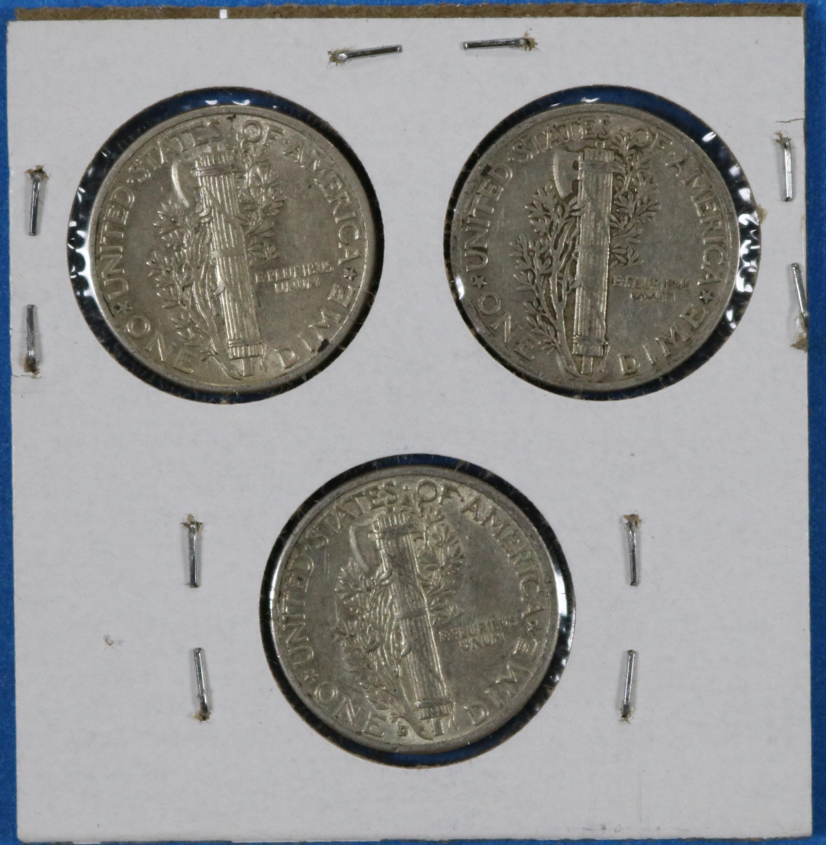 Lot of 3 Silver Mercury Dimes 1940 1942 1944-D