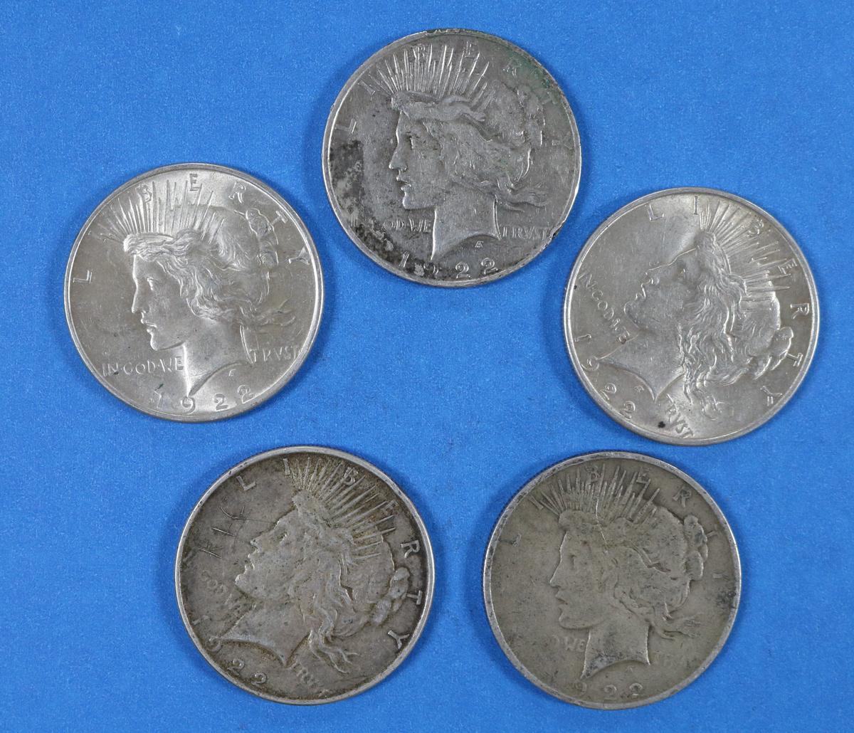 Lot of 5 Peace Silver Dollars 1922