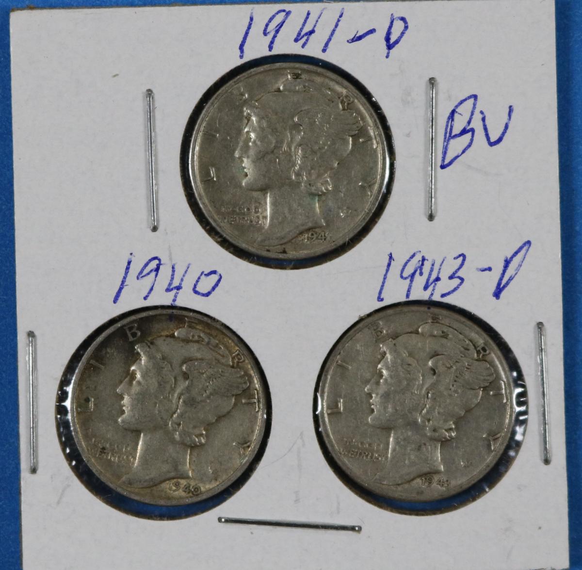 Lot of 3 Silver Mercury Dimes 1940 1941-D 1943-D