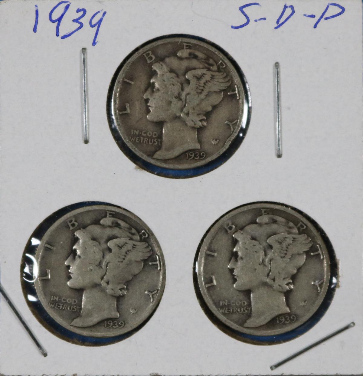 Lot of 3 Silver Mercury Dimes 1939 S D P