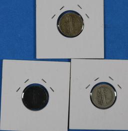 Lot of 3 Silver Mercury Dimes 1934, 1935, 1937