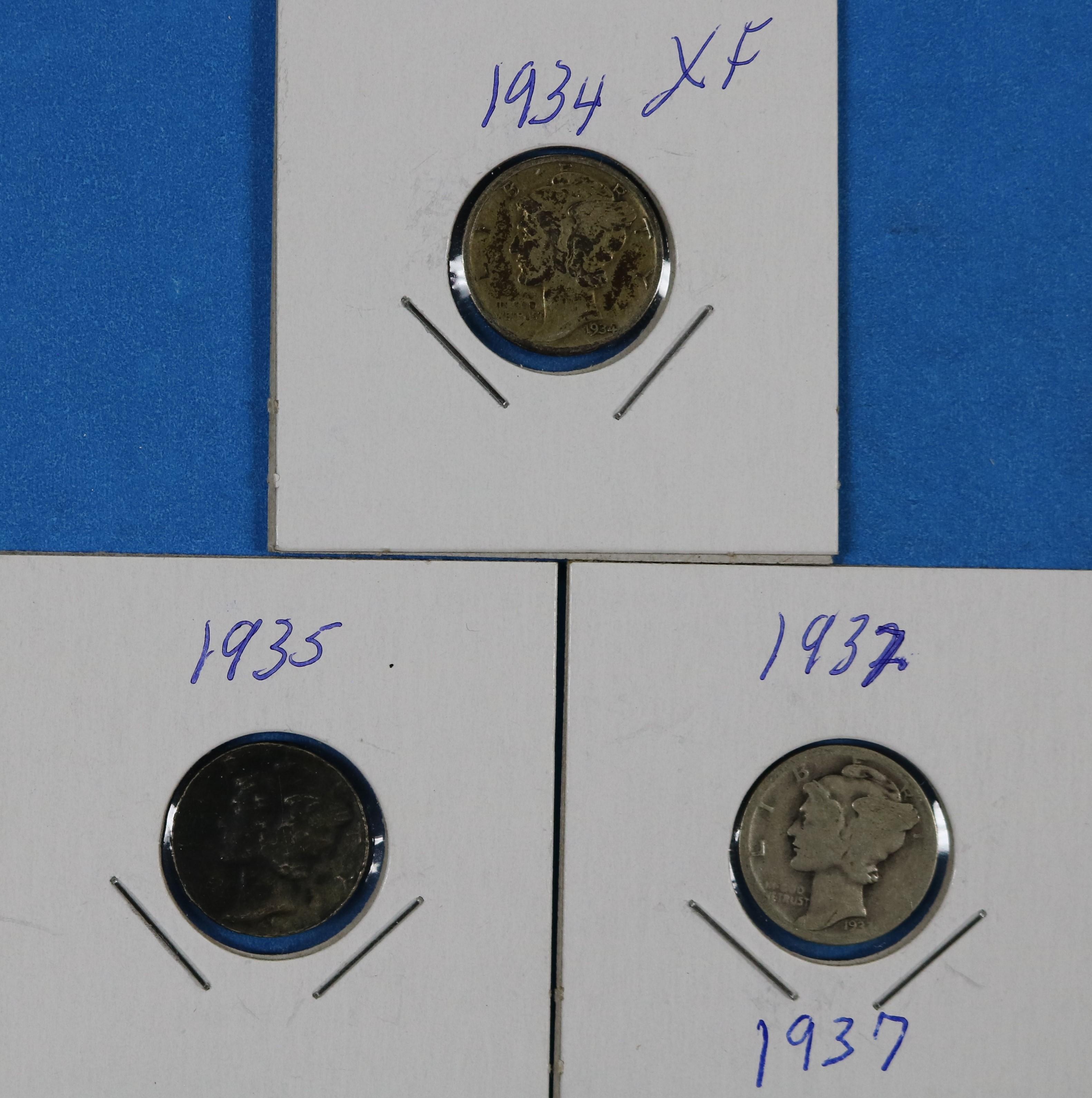 Lot of 3 Silver Mercury Dimes 1934, 1935, 1937