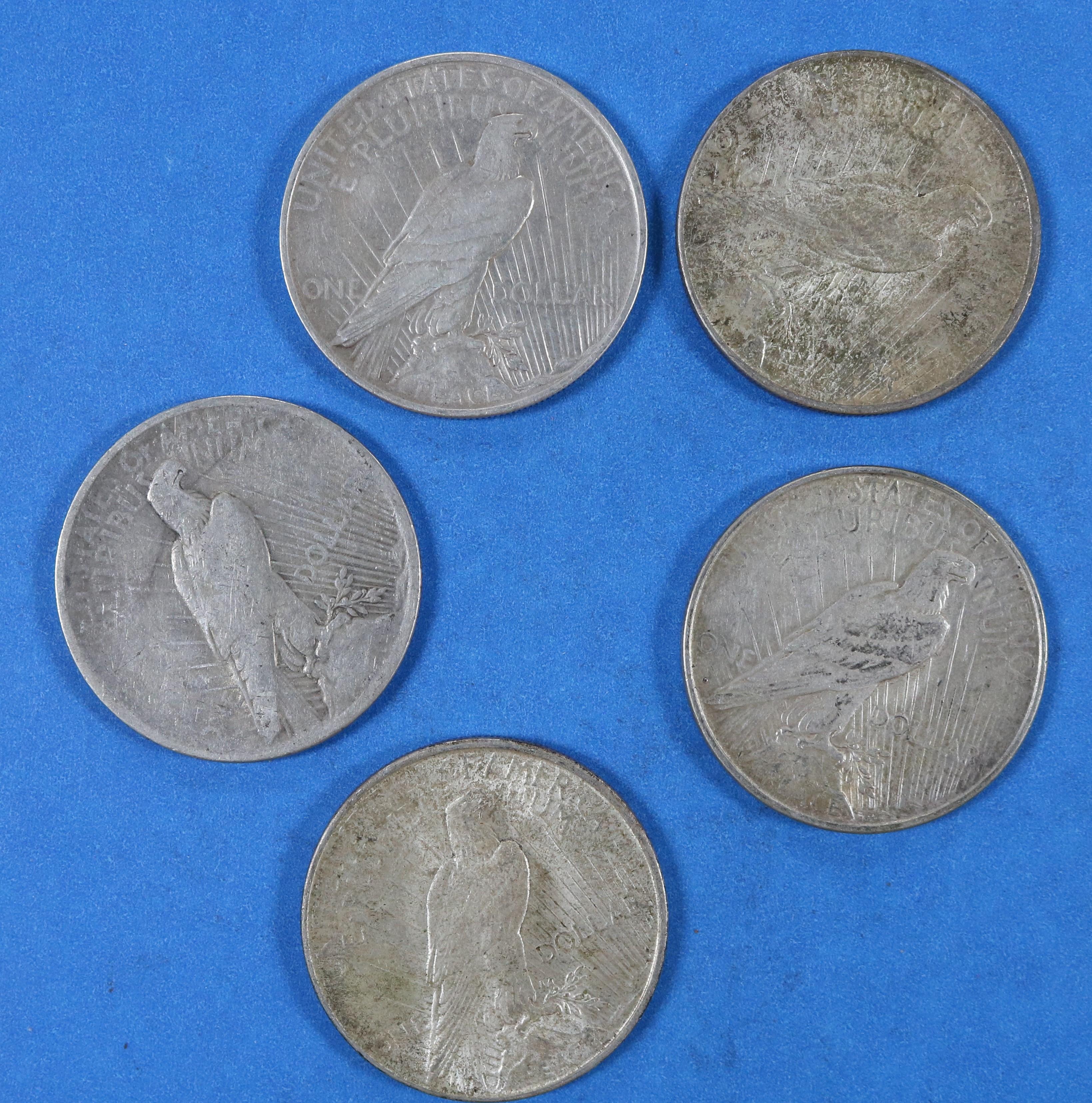 Lot of 5 Peace Silver Dollars 1922-1924